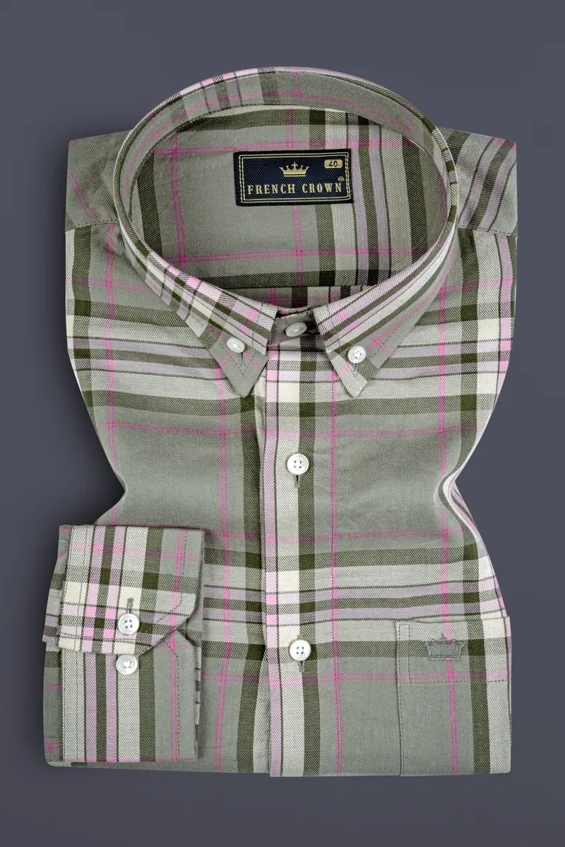 Sandrift Brown With Mondo Green Twill Checkered Premium Cotton Shirt 3