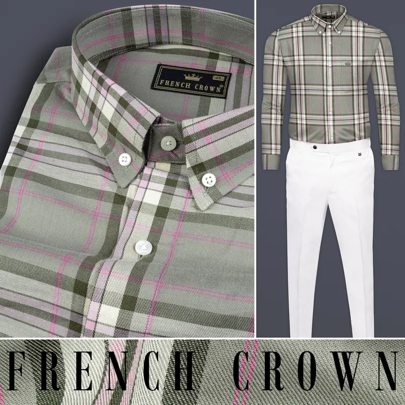 Sandrift Brown With Mondo Green Twill Checkered Premium Cotton Shirt 7