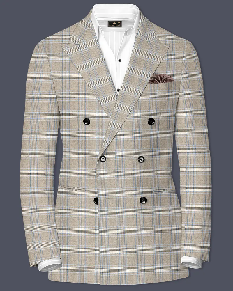 Sandrift Brown With Persian Blue Plaid Double Breasted Blazer 1