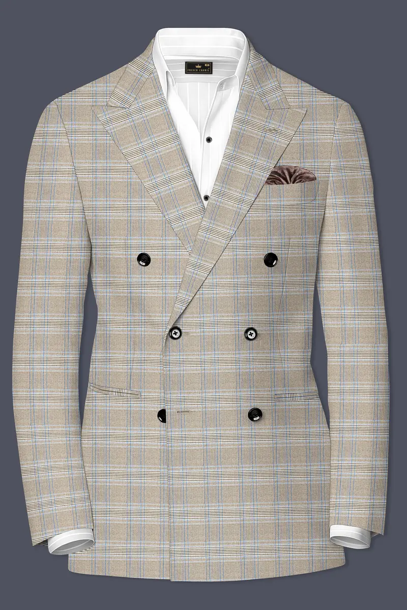 Sandrift Brown With Persian Blue Plaid Double Breasted Blazer 2