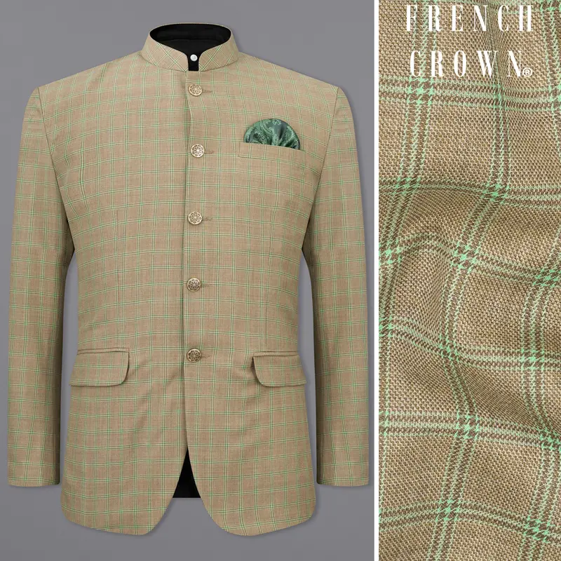 Sandrift Brown With Sprout Green Plaid Bandhgala Blazer 1
