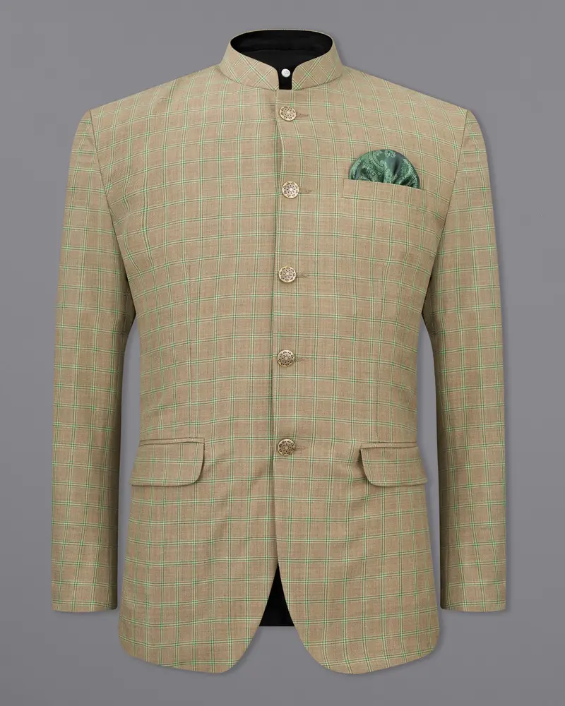 Sandrift Brown With Sprout Green Plaid Bandhgala Blazer 2