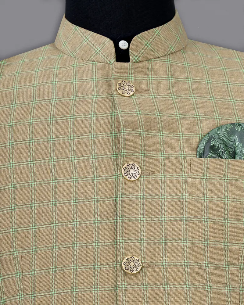 Sandrift Brown With Sprout Green Plaid Bandhgala Blazer 4