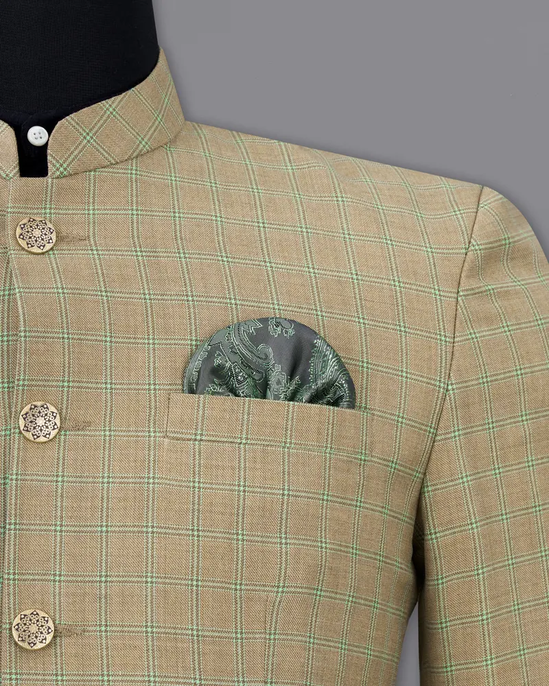 Sandrift Brown With Sprout Green Plaid Bandhgala Blazer 6