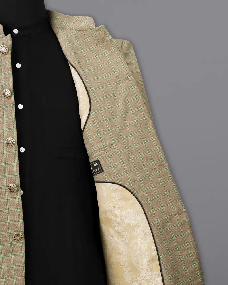 Sandrift Brown With Sprout Green Plaid Bandhgala Blazer 7