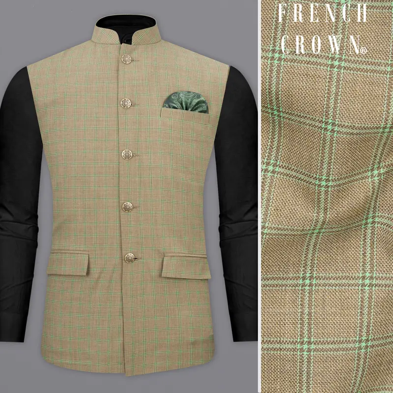 Sandrift Brown With Sprout Green Plaid Nehru Jacket 1