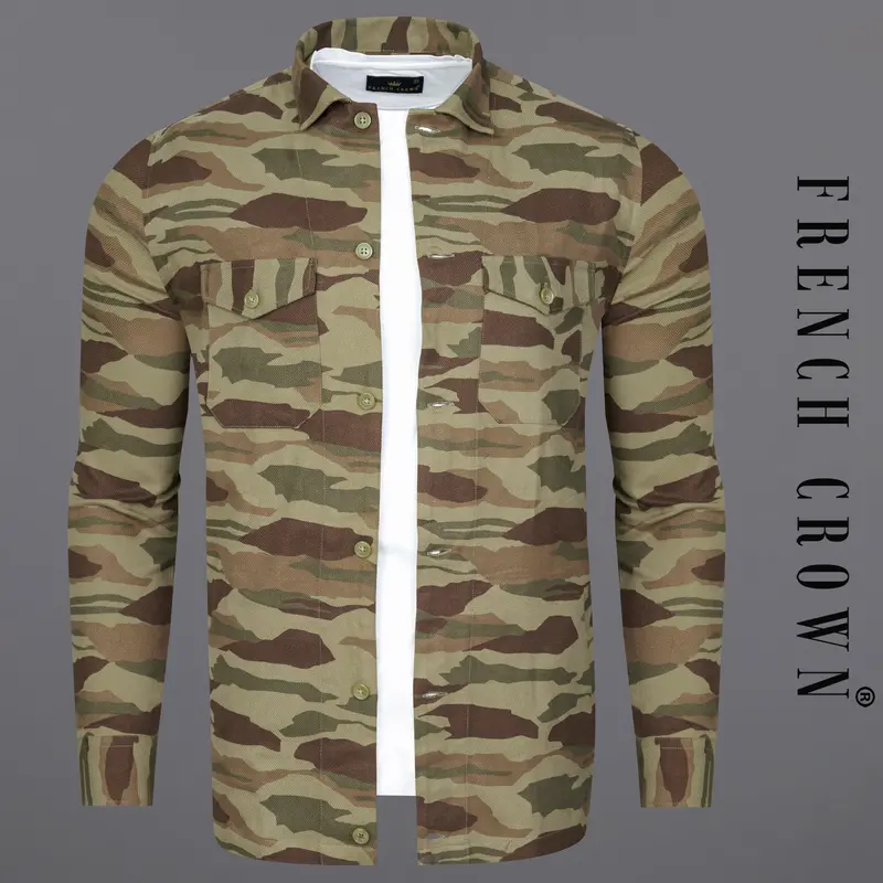 Sandrift Green With Taupe Brown Camouflage Royal Oxford Designer Shirt 1
