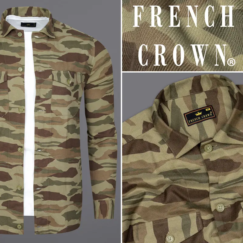 Sandrift Green With Taupe Brown Camouflage Royal Oxford Designer Shirt 10