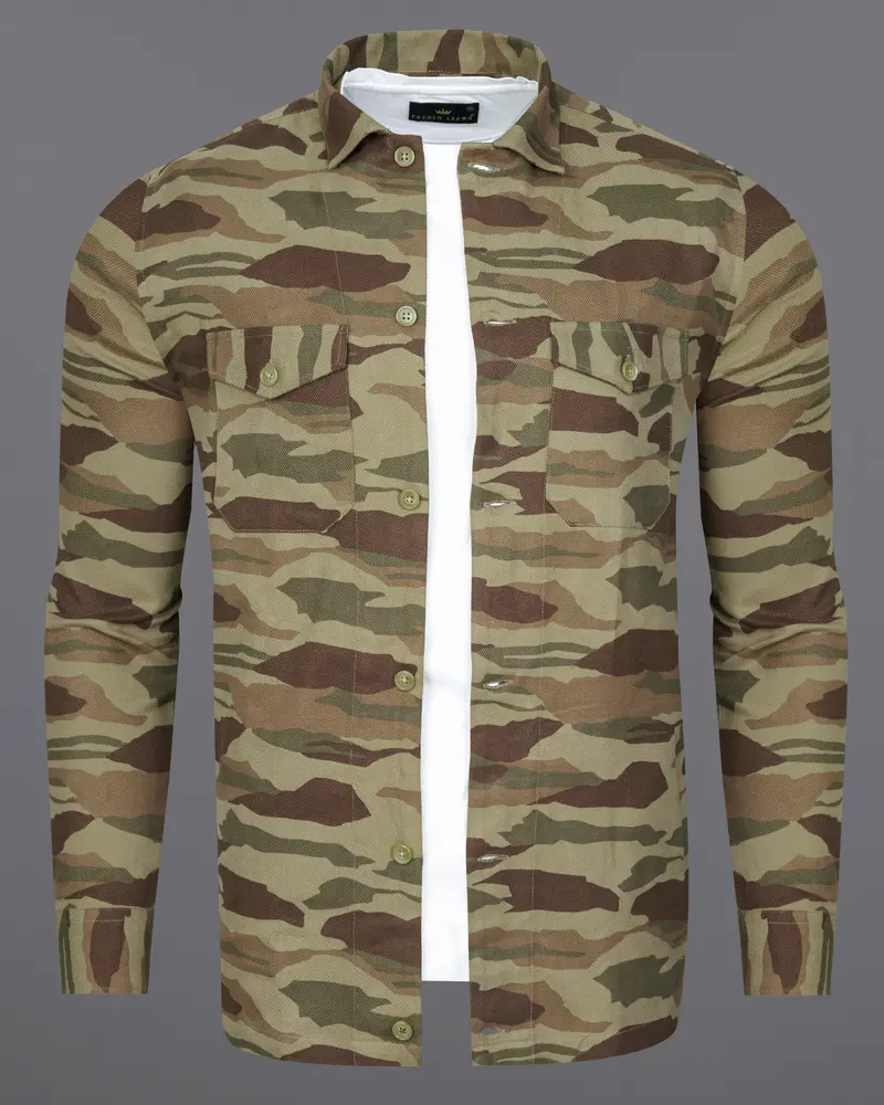 Sandrift Green With Taupe Brown Camouflage Royal Oxford Designer Shirt 2