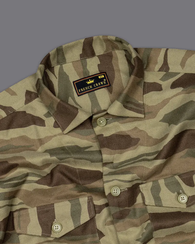 Sandrift Green With Taupe Brown Camouflage Royal Oxford Designer Shirt 5