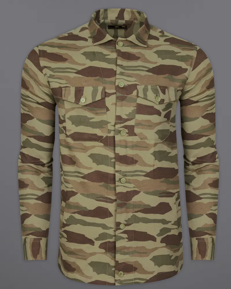 Sandrift Green With Taupe Brown Camouflage Royal Oxford Designer Shirt 6