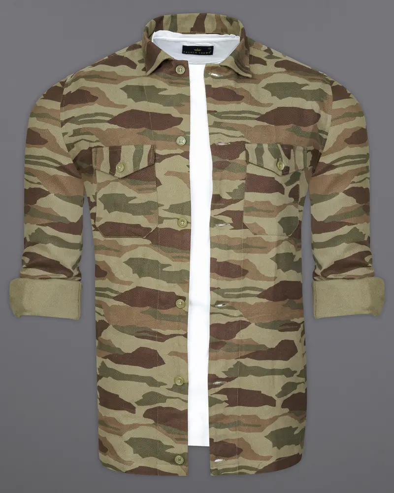 Sandrift Green With Taupe Brown Camouflage Royal Oxford Designer Shirt 8
