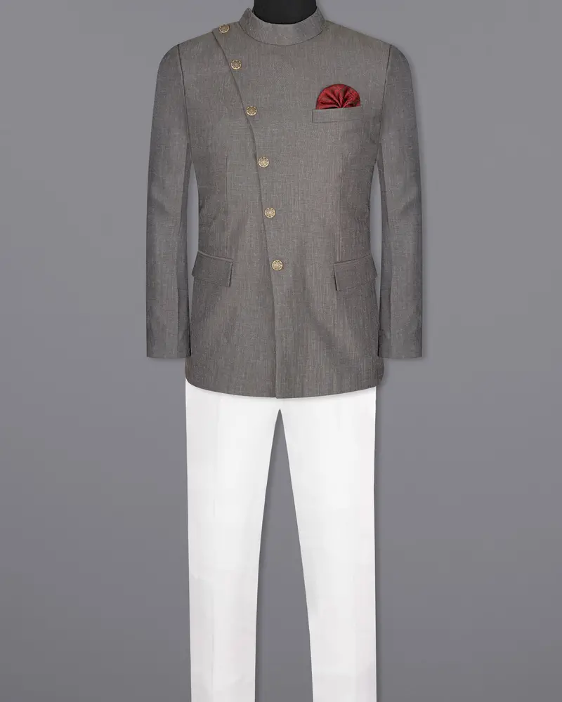 Sandstone Gray Cross Placket Bandhgala Designer Suit 4