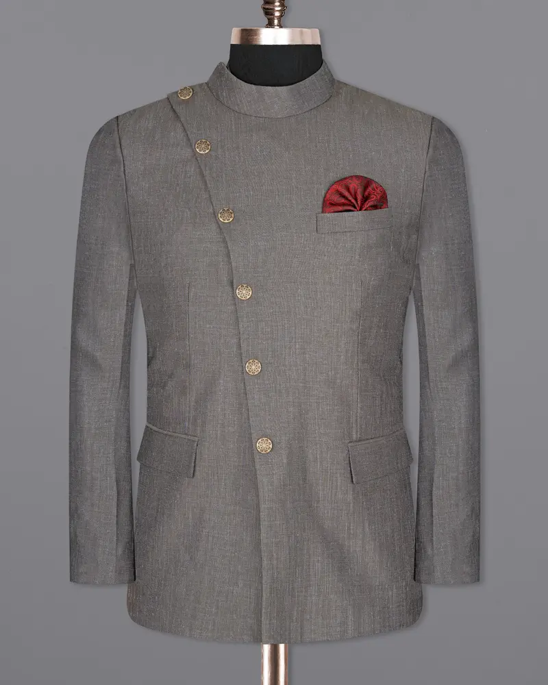 Sandstone Gray Cross Placket Bandhgala Designer Suit 9