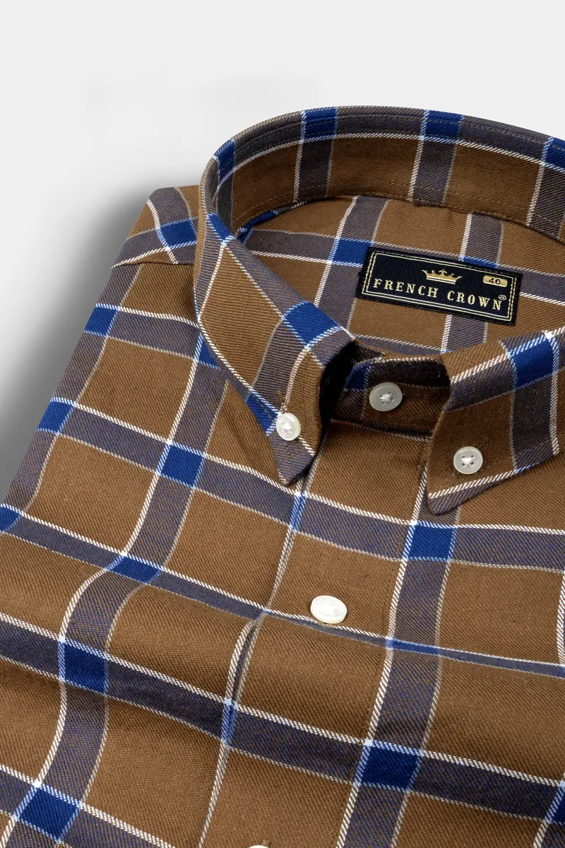 Sapphire Blue And Cape Palliser Brown Twill Windowpane Premium Cotton Shirt 1