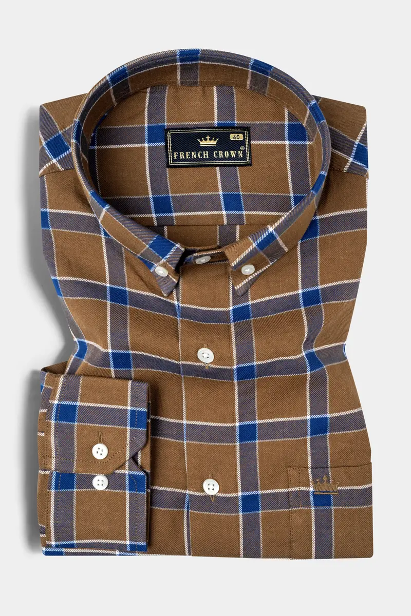 Sapphire Blue And Cape Palliser Brown Twill Windowpane Premium Cotton Shirt 3