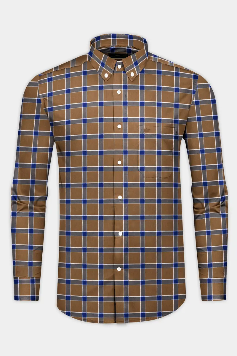 Sapphire Blue And Cape Palliser Brown Twill Windowpane Premium Cotton Shirt 4