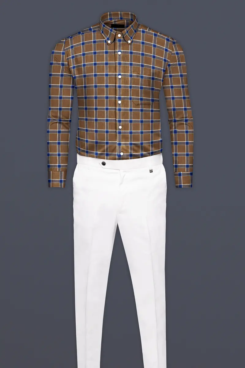 Sapphire Blue And Cape Palliser Brown Twill Windowpane Premium Cotton Shirt 6