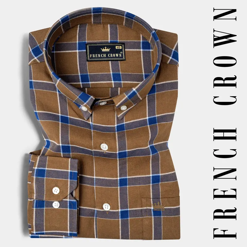 Sapphire Blue And Cape Palliser Brown Twill Windowpane Premium Cotton Shirt 7