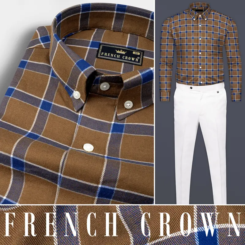 Sapphire Blue And Cape Palliser Brown Twill Windowpane Premium Cotton Shirt 9