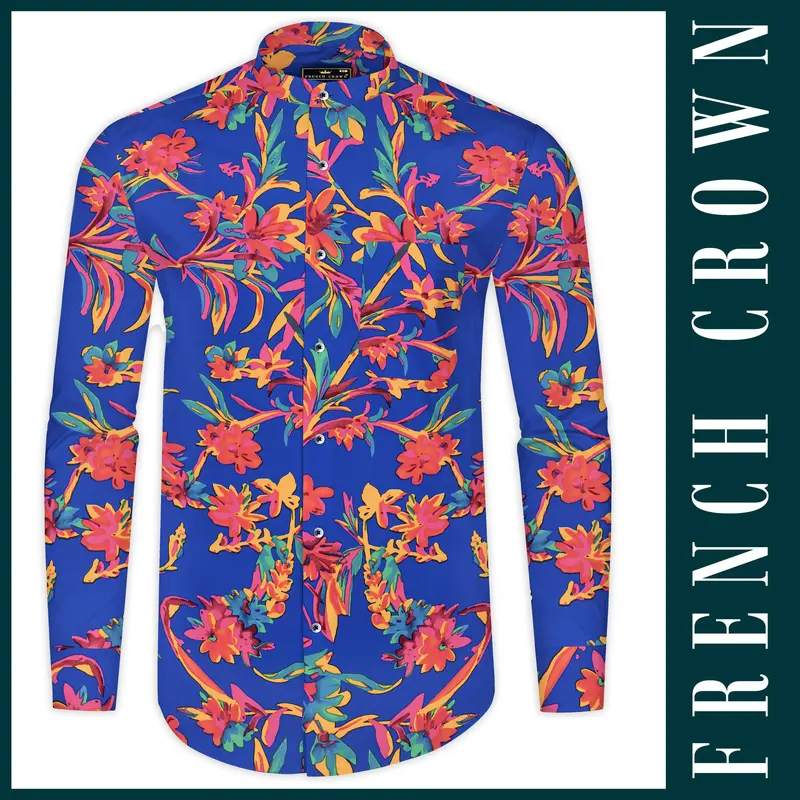 Sapphire Blue And Cerise Rose Floral Printed Premium Giza Cotton Shirt 1