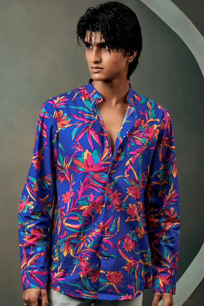 Sapphire Blue And Cerise Rose Floral Printed Premium Giza Cotton Shirt 10