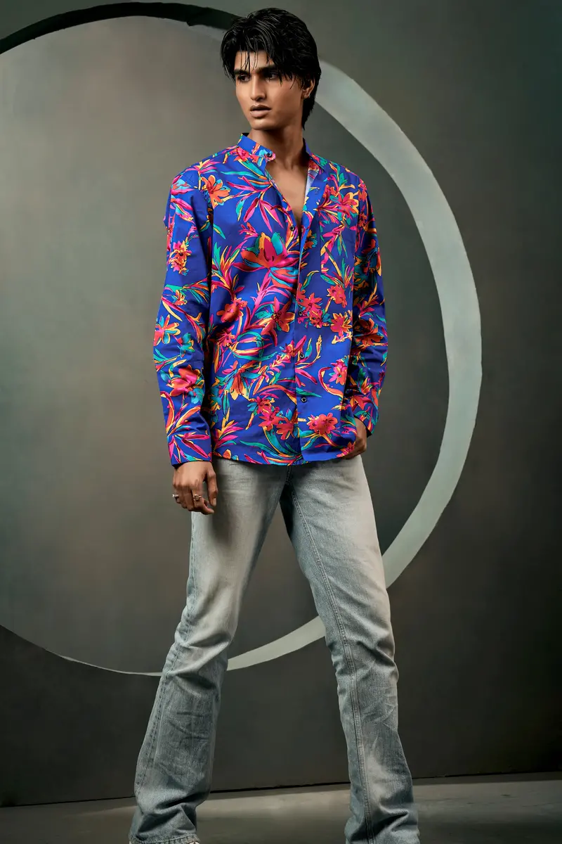 Sapphire Blue And Cerise Rose Floral Printed Premium Giza Cotton Shirt 11