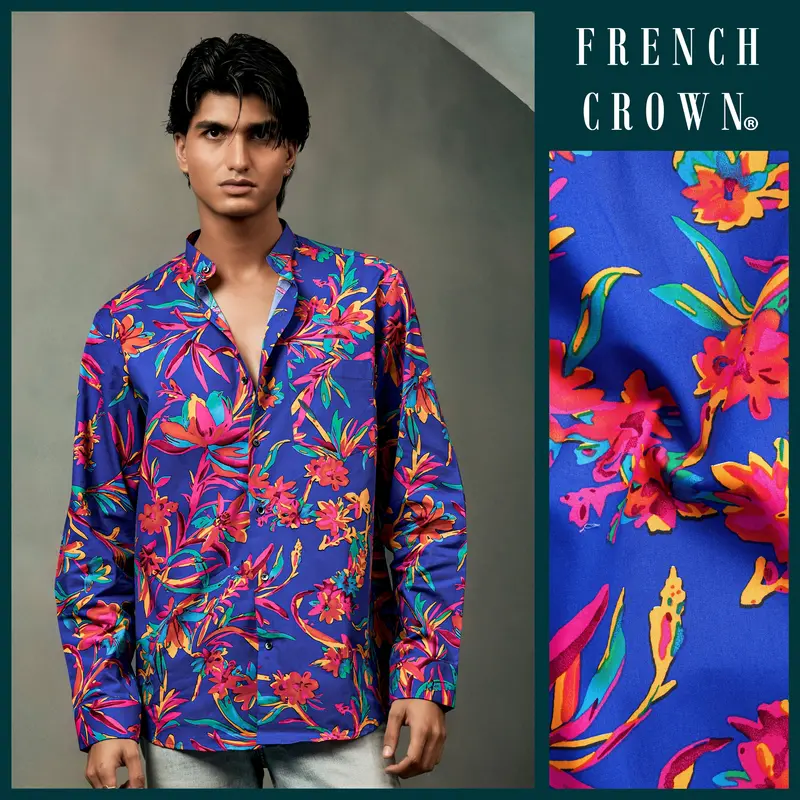 Sapphire Blue And Cerise Rose Floral Printed Premium Giza Cotton Shirt 12
