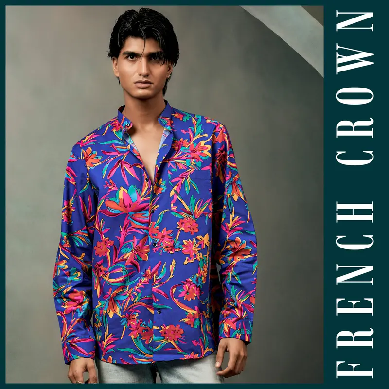 Sapphire Blue And Cerise Rose Floral Printed Premium Giza Cotton Shirt 13