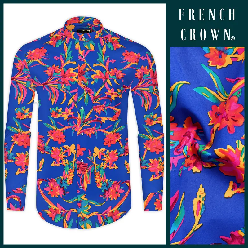 Sapphire Blue And Cerise Rose Floral Printed Premium Giza Cotton Shirt 14
