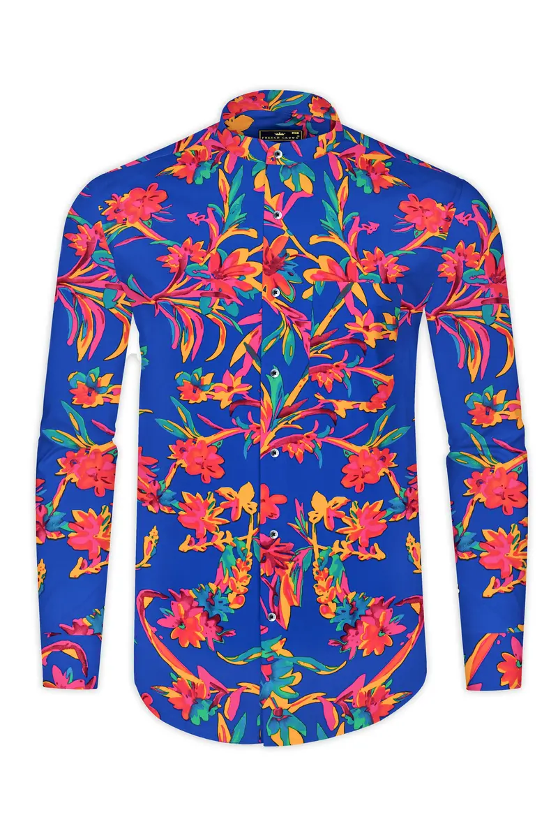 Sapphire Blue And Cerise Rose Floral Printed Premium Giza Cotton Shirt 2