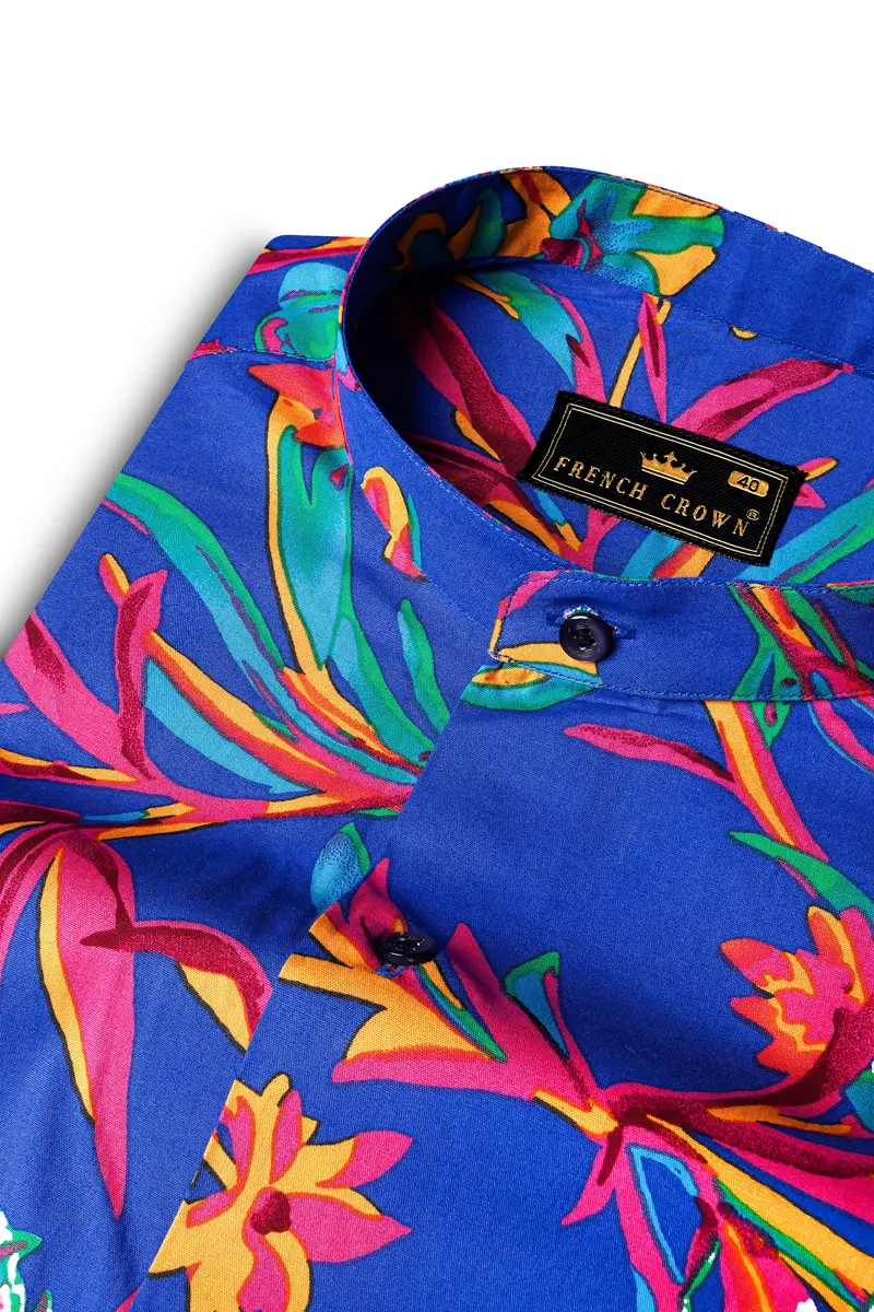 Sapphire Blue And Cerise Rose Floral Printed Premium Giza Cotton Shirt 4