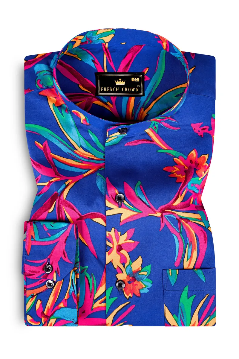 Sapphire Blue And Cerise Rose Floral Printed Premium Giza Cotton Shirt 5