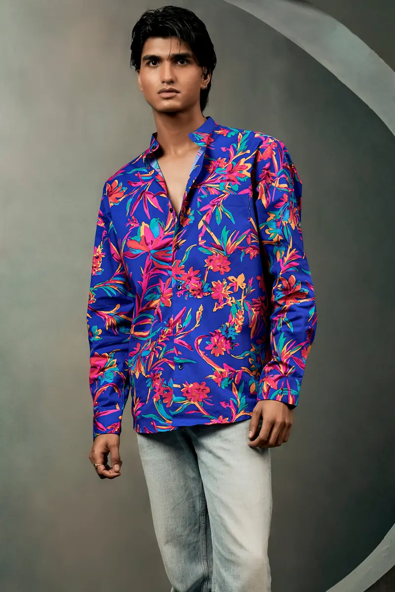 Sapphire Blue And Cerise Rose Floral Printed Premium Giza Cotton Shirt 7
