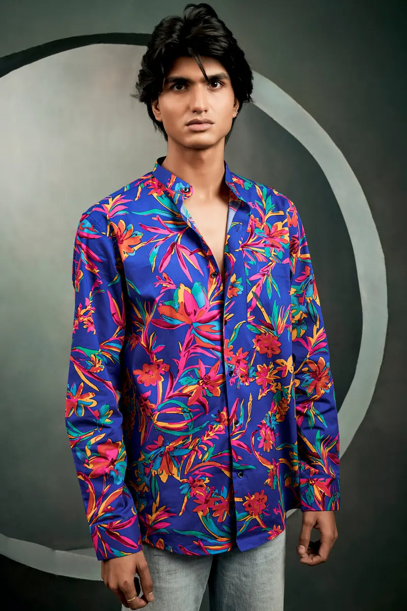 Sapphire Blue And Cerise Rose Floral Printed Premium Giza Cotton Shirt 8