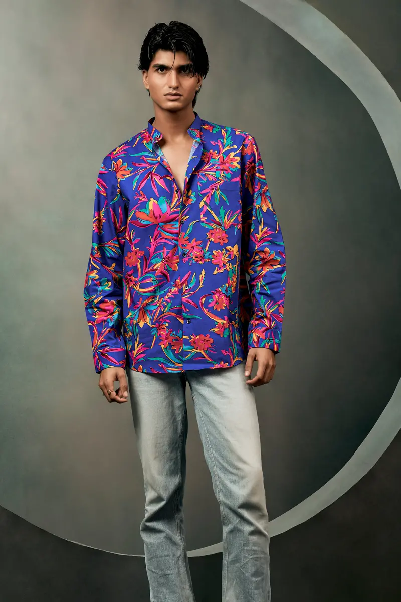 Sapphire Blue And Cerise Rose Floral Printed Premium Giza Cotton Shirt 9