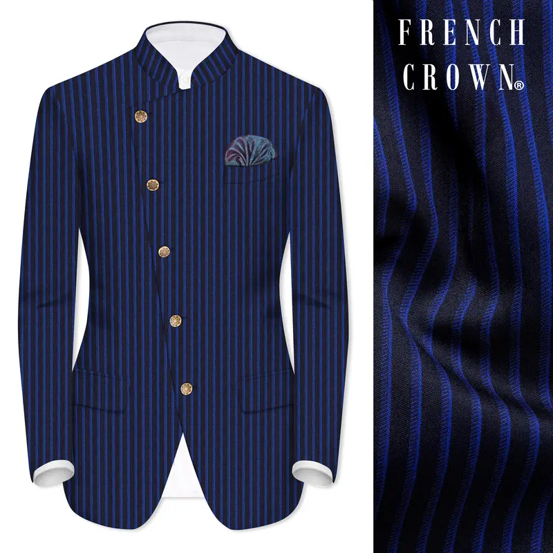 Sapphire Blue And Jade Black Striped Wool Rich Cross Placket Bandhgala Blazer 1