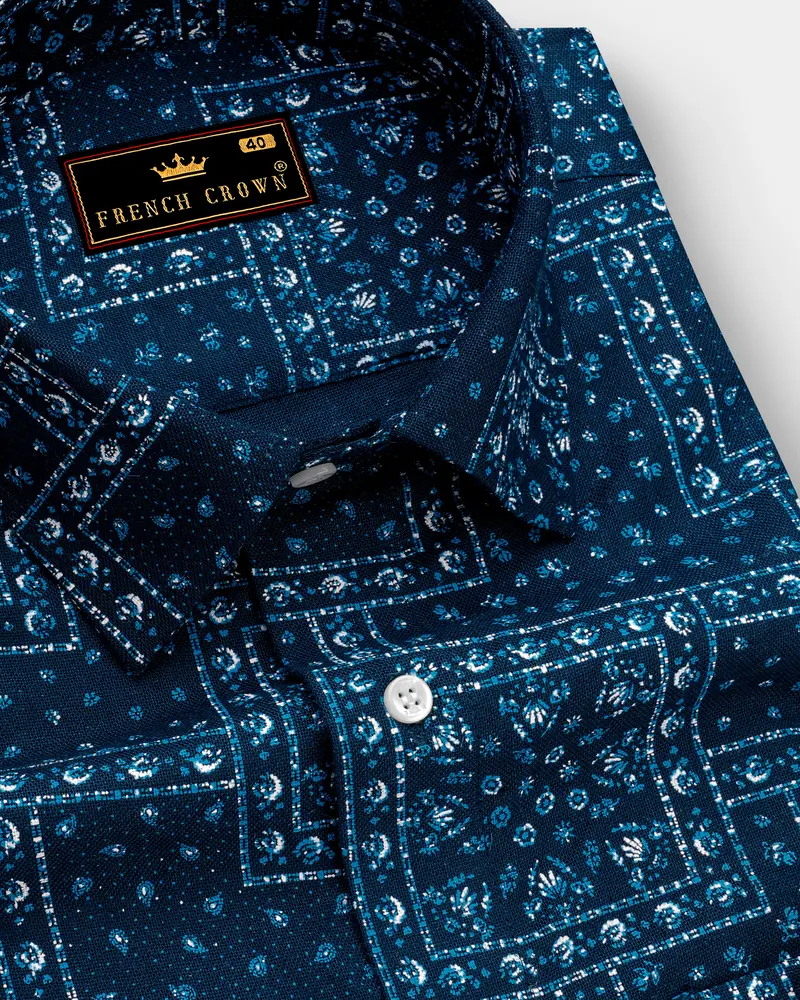 Sapphire Blue Boho Printed Luxurious Linen Shirt 1