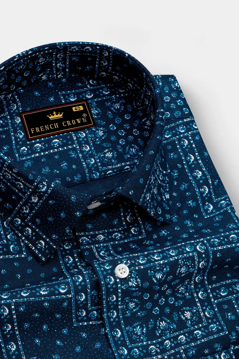 Sapphire Blue Boho Printed Luxurious Linen Shirt 2