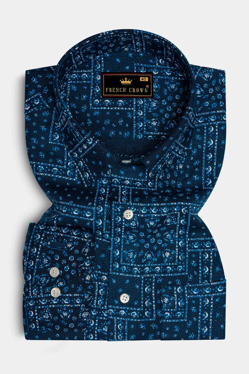 Sapphire Blue Boho Printed Luxurious Linen Shirt 4