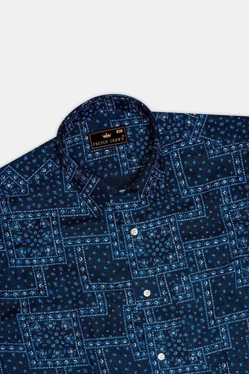 Sapphire Blue Boho Printed Luxurious Linen Shirt 5