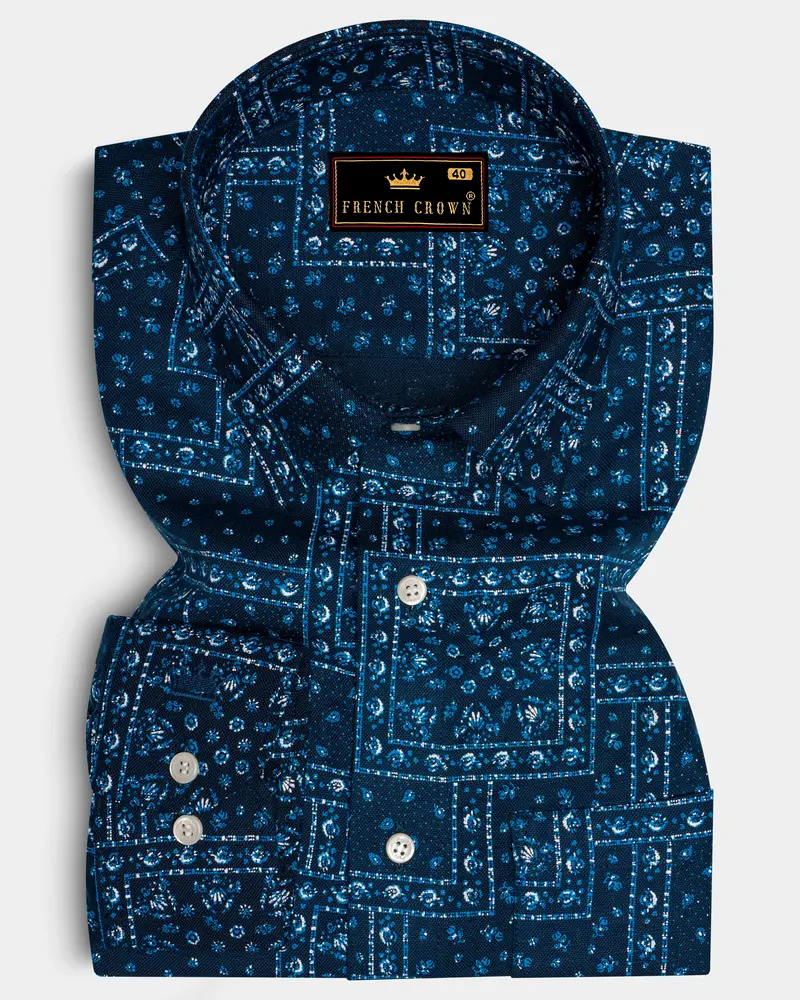 Sapphire Blue Boho Printed Luxurious Linen Shirt 6
