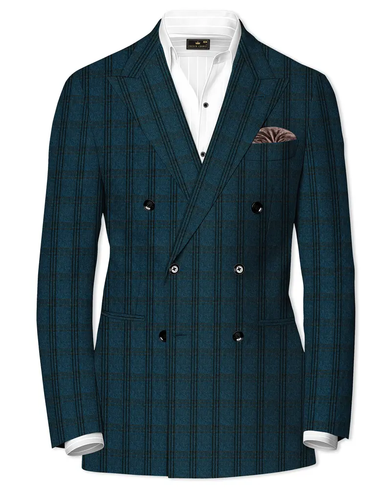 Sapphire Blue With Black Plaid Double Breasted Blazer 1