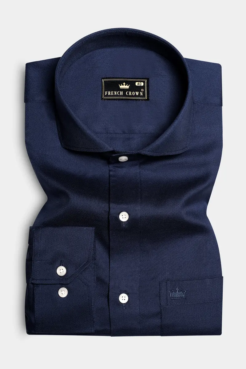 Sapphire Forge-Vulcan Blue Solid Dobby Textured Premium Giza Cotton Dress Shirt 3