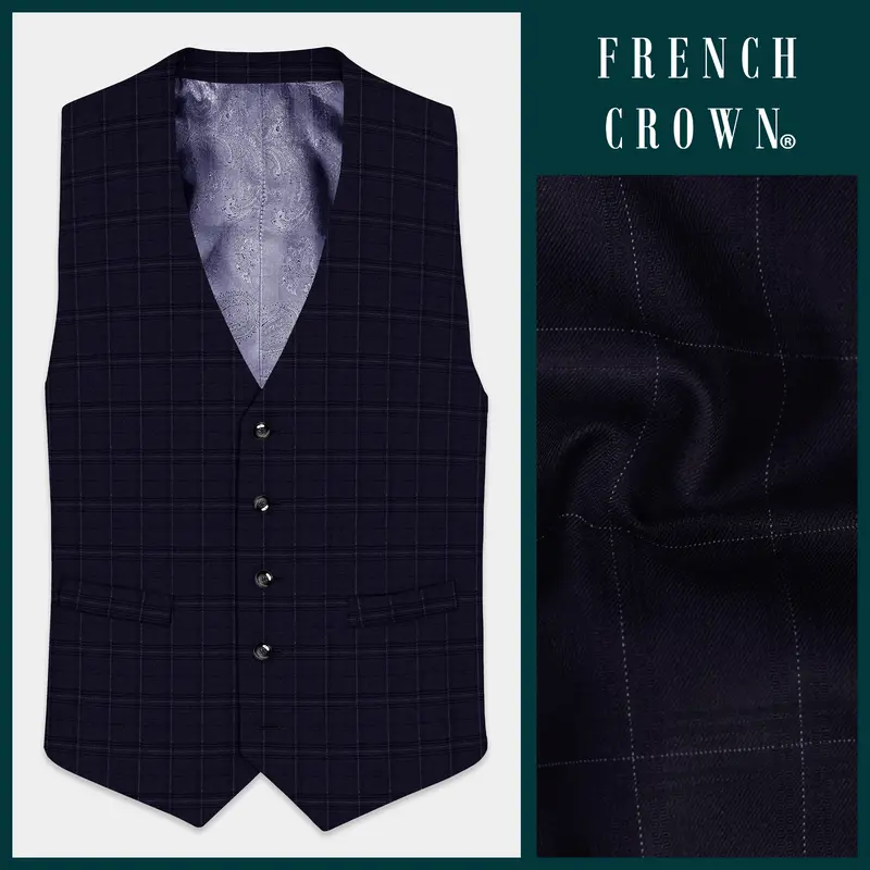 Sapphire Grid-Mirage Blue Plaid Wool Rich Waistcoat 1