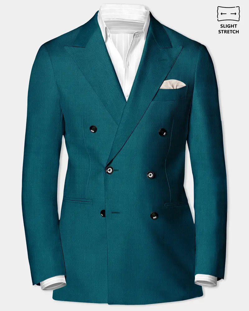 Sapphire-Peacock Blue Solid Wool Rich Double Breasted Slight Stretch Blazer 1