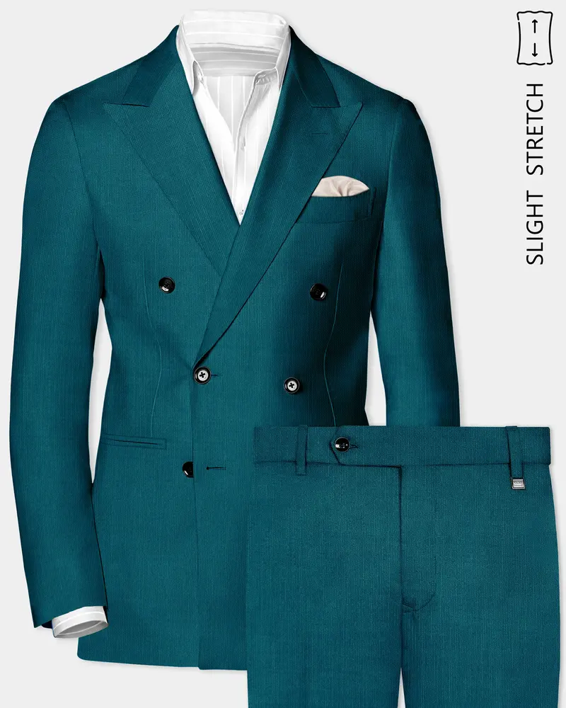 Sapphire-Peacock Blue Solid Wool Rich Double Breasted Slight Stretch Suit 1