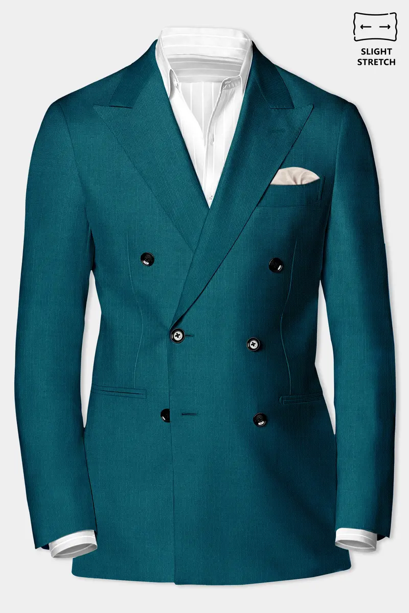Sapphire-Peacock Blue Solid Wool Rich Double Breasted Slight Stretch Suit 10