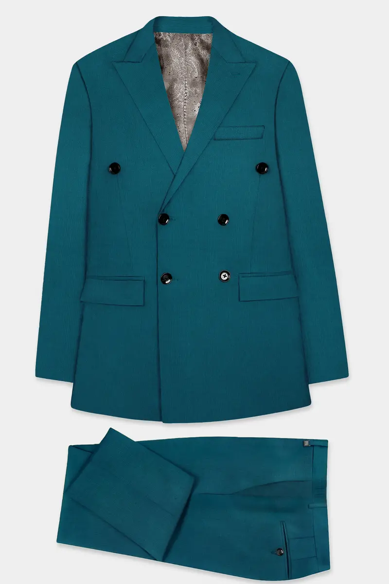 Sapphire-Peacock Blue Solid Wool Rich Double Breasted Slight Stretch Suit 11