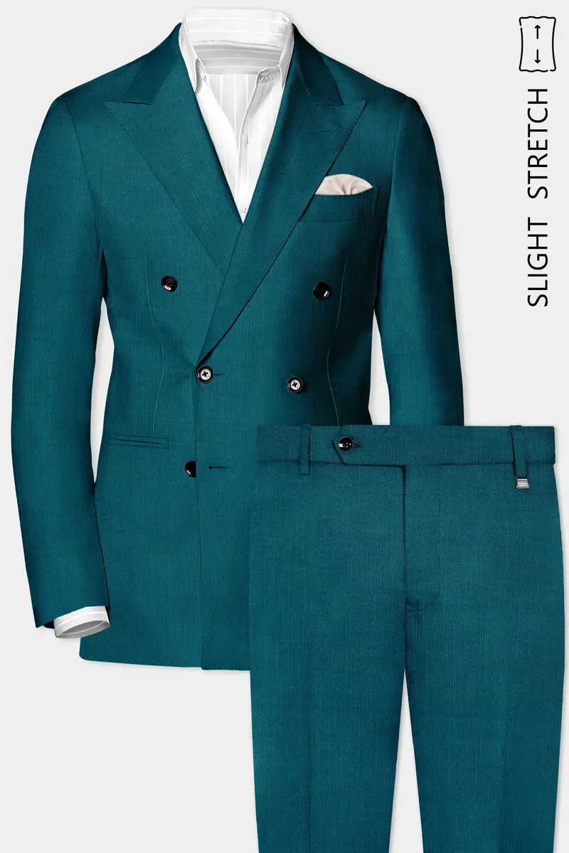 Sapphire-Peacock Blue Solid Wool Rich Double Breasted Slight Stretch Suit 2